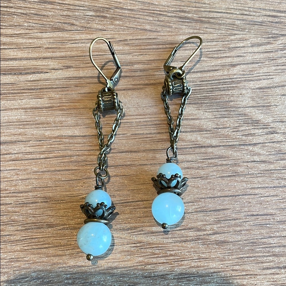 HAND CRAFTED BOHEMIAN AMAZONITE PIERCED EARRINGS Pale Blue  Antiqued Brass